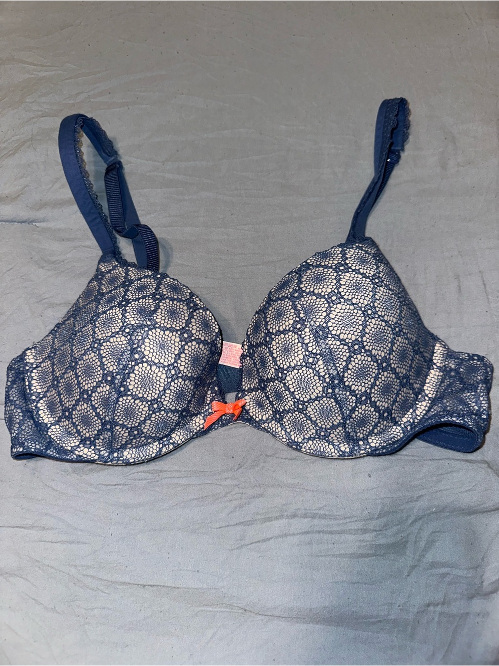 Victoria's Secret Navy Lace Push-Up Bra with Coral Bow